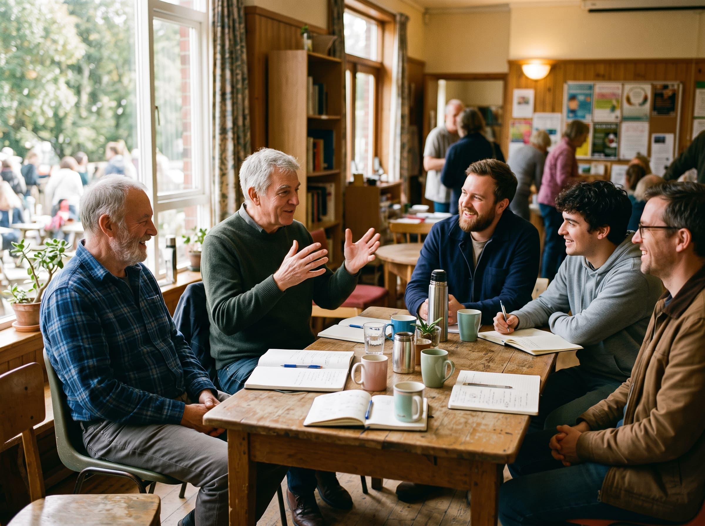 Five men of different ages talk and laugh around a wooden table with coffee mugs and open notebooks.