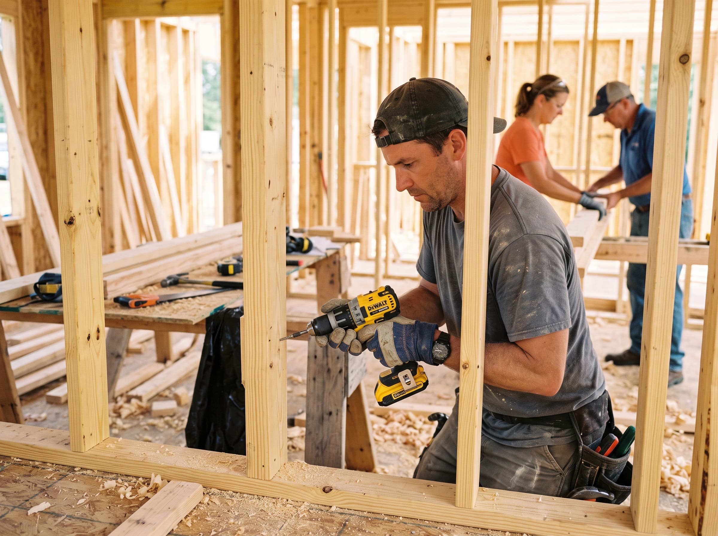 A volunteer in work gloves drives a screw into a wooden wall frame on a building project.