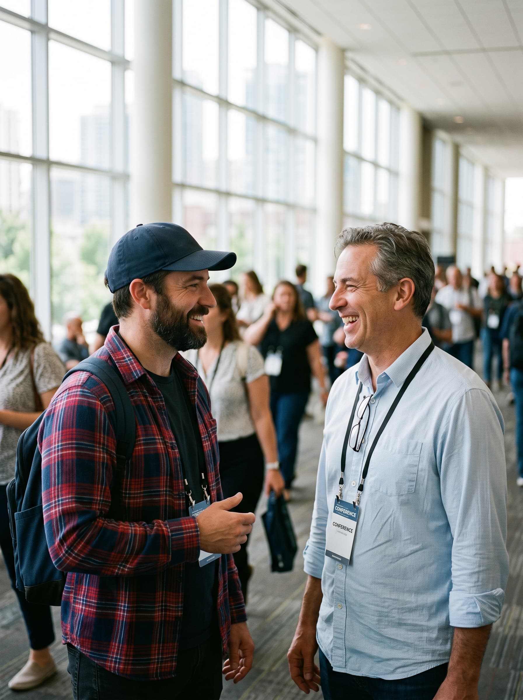 Two men laugh mid-conversation in a bright conference hallway.