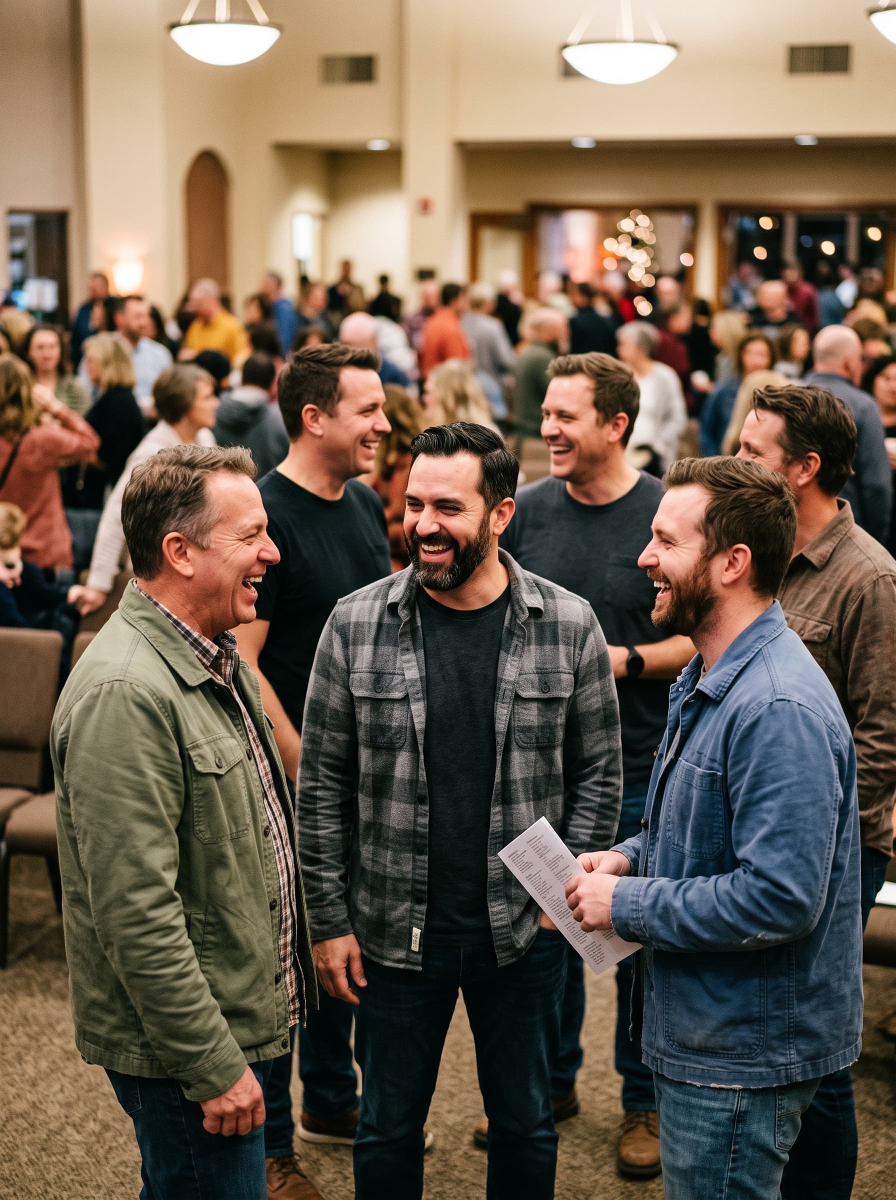 A group of men laugh together in a busy lobby before an evening session.