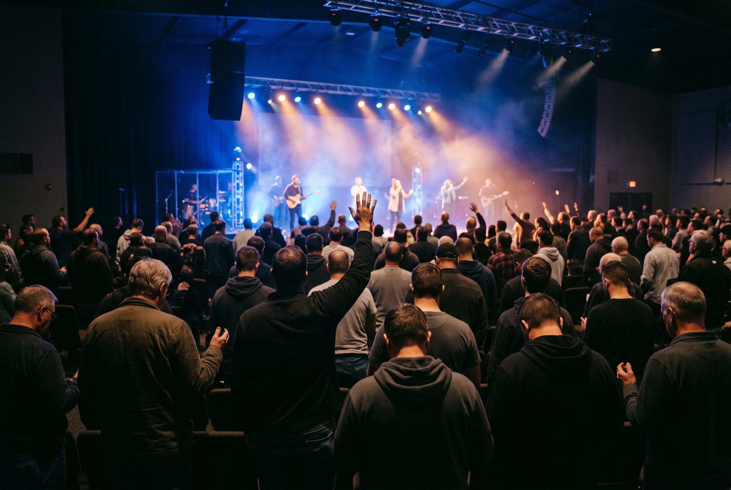 Men raise their hands in worship as a band leads from a stage washed in blue and amber light.