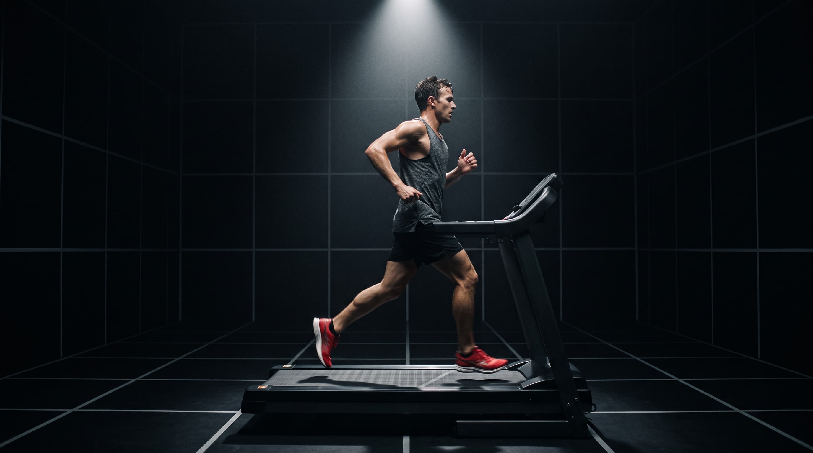A man runs on a treadmill under a single spotlight in a dark room.